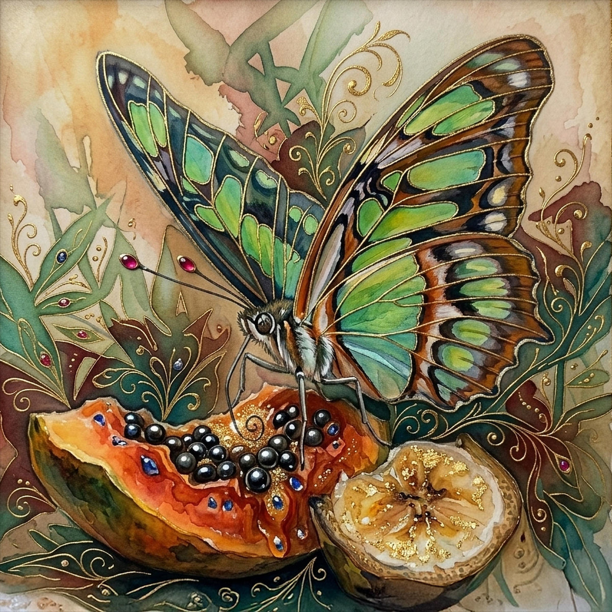Art Nouveau Butterfly Painting, Emerald Green Fruit Still Life (Digital Download)