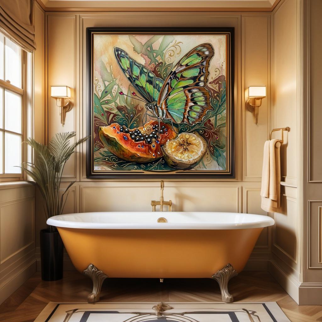 Art Nouveau Butterfly Painting, Emerald Green Fruit Still Life (Digital Download)