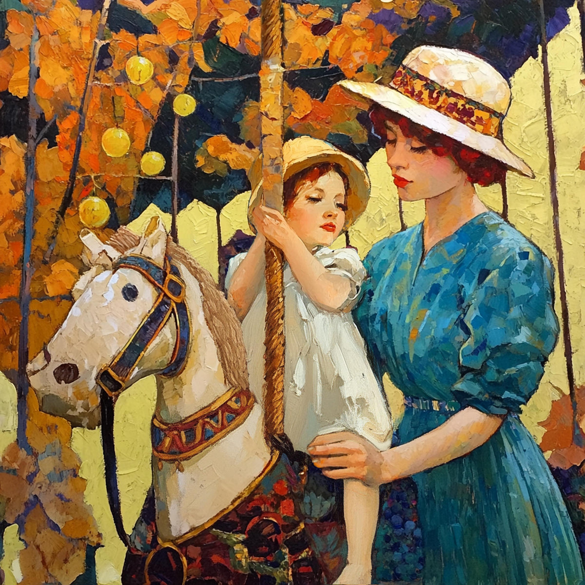 Vintage Carousel Oil Painting Print: Mother Child Autumn Nostalgia (Digital Download)