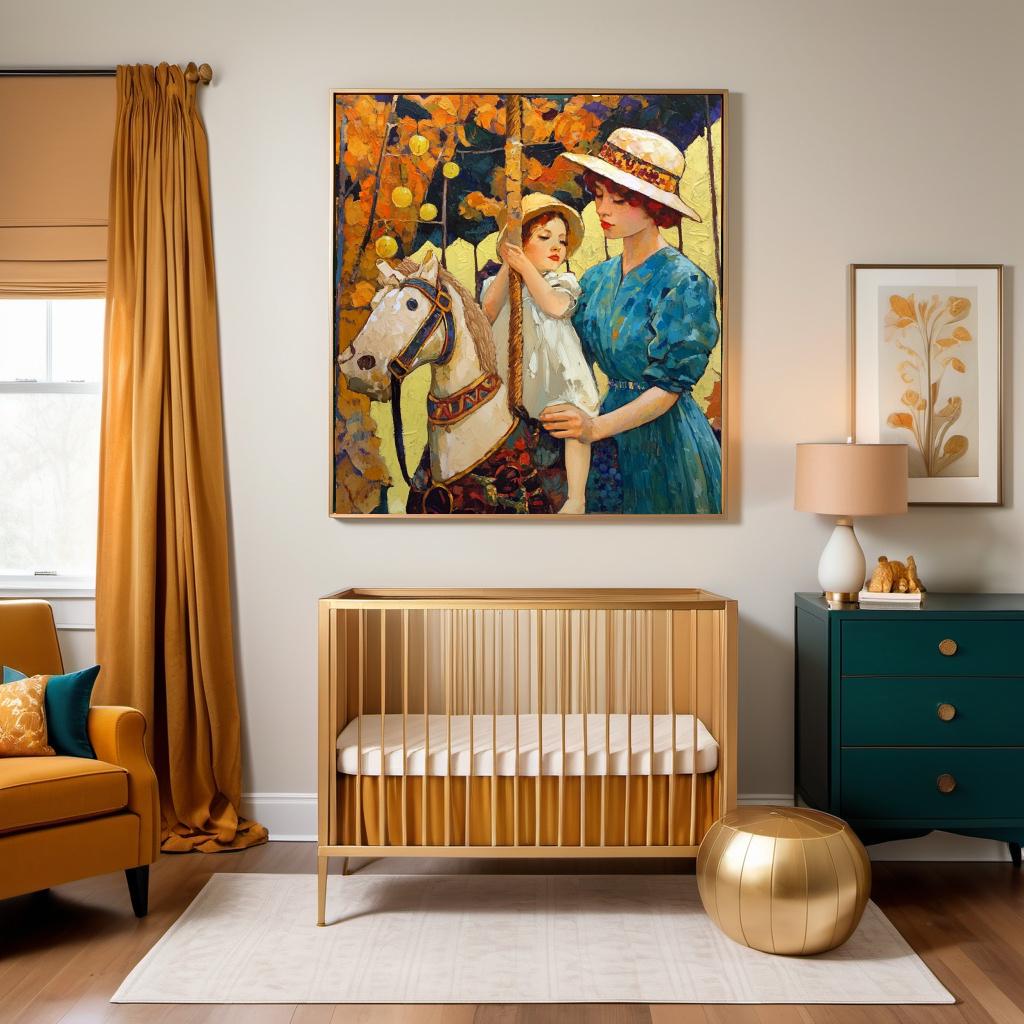 Vintage Carousel Oil Painting Print: Mother Child Autumn Nostalgia (Digital Download)