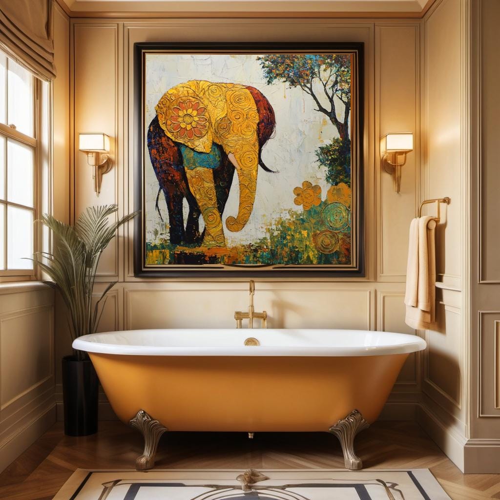 Golden Elephant Oil Painting Print: Klimt Inspired Whimsical Boho Wall Art (Digital Download)