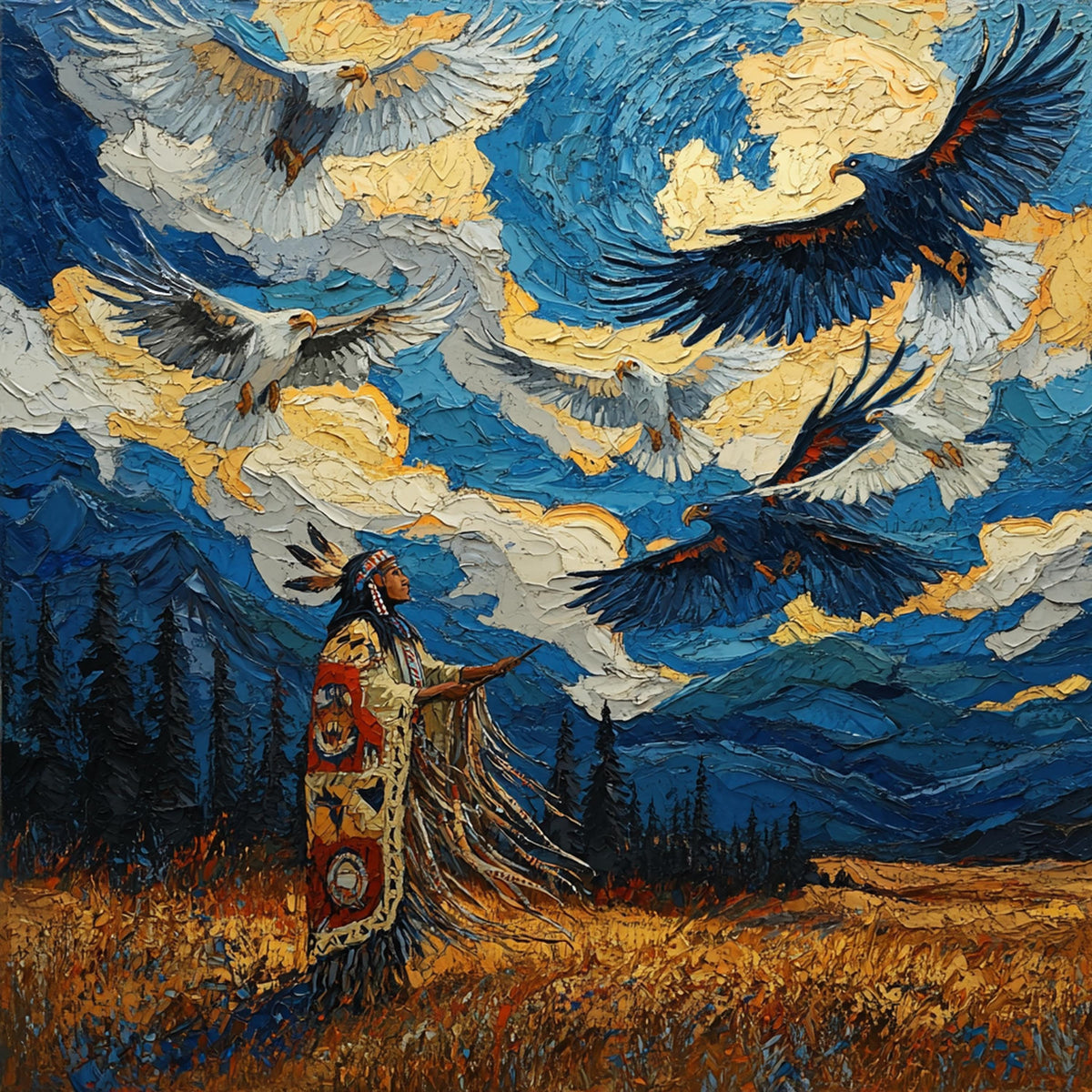 When Eagles Answer the Sky Digital Art Oil Painting Vintage Home Decor Eagle Art Spiritual Wall Art