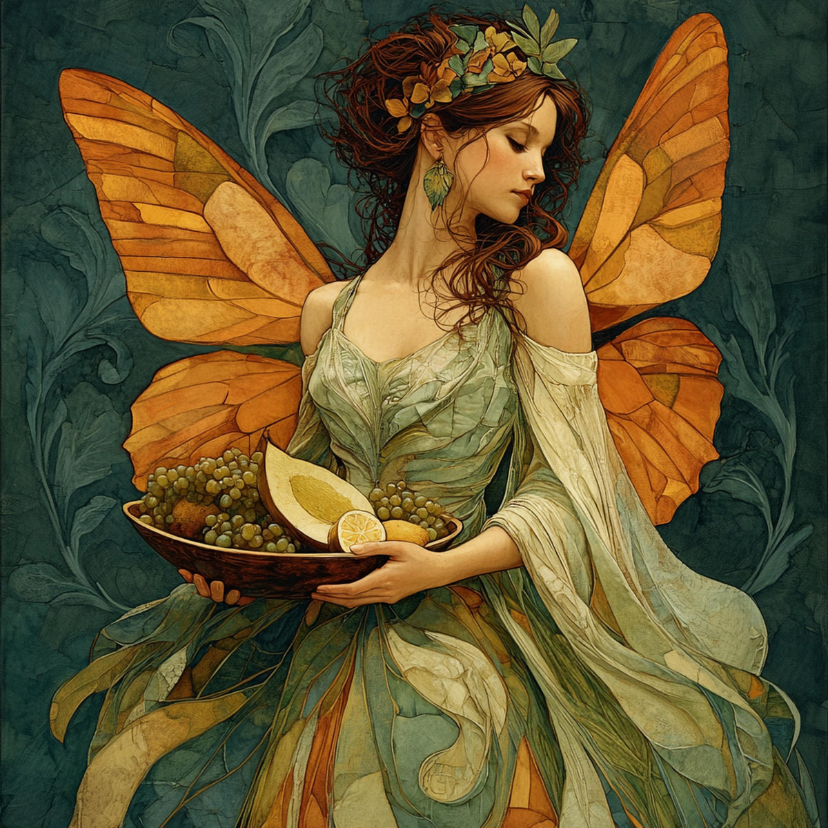 Klimt Inspired Harvest Fairy Print: Art Nouveau Oil Painting, Fantasy Wall Decor (Digital Download)