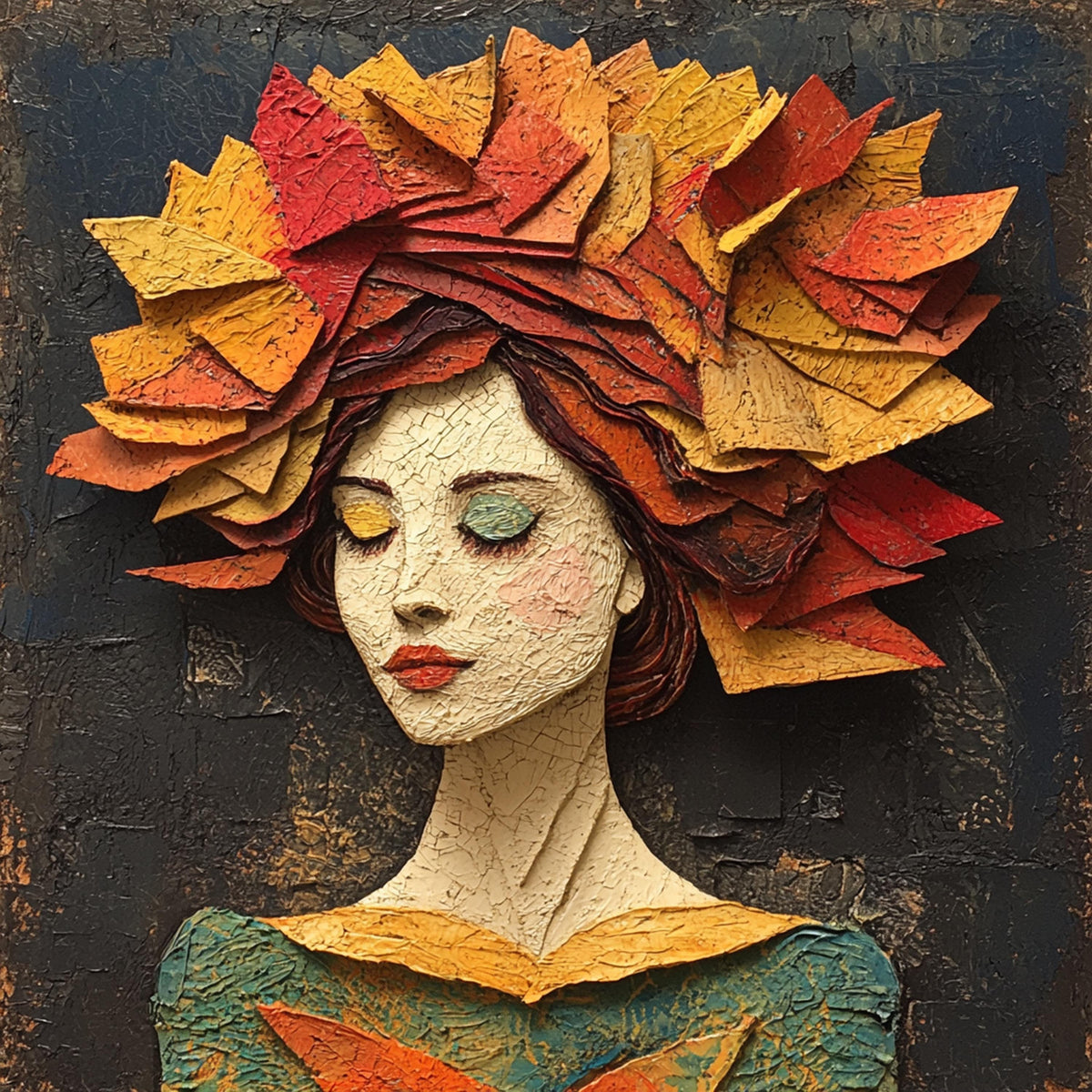 Autumn Portrait Digital Art: Sculpted Paper Leaves, Vintage Wall Decor (Digital Download)