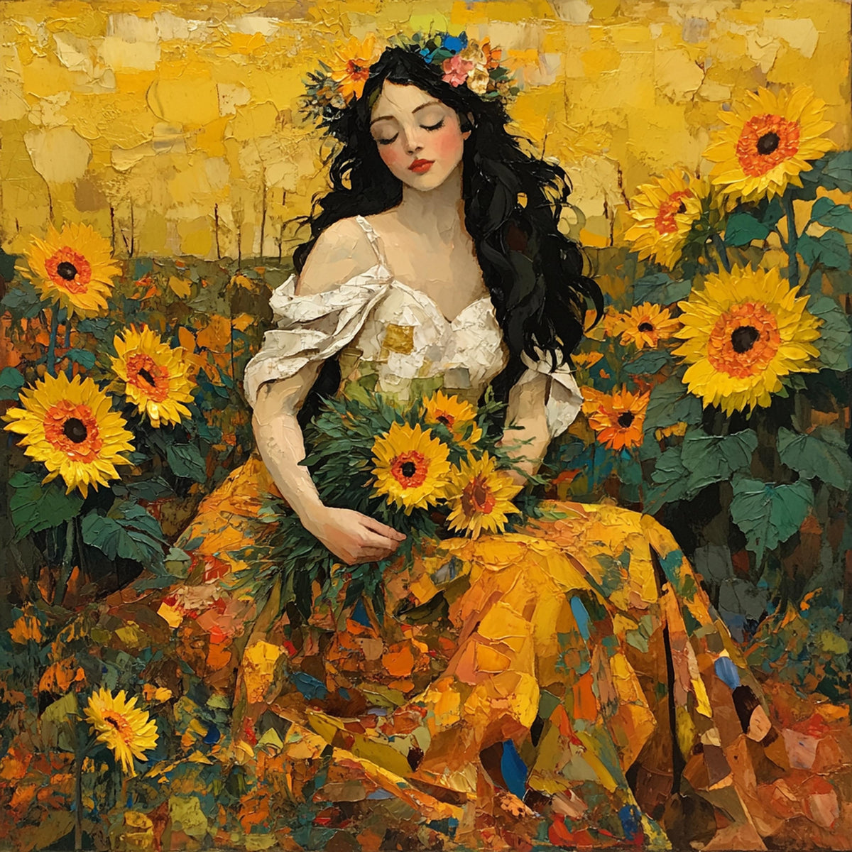 Sunflower Woman Oil Painting: Vintage Floral Wall Art (Digital Download)