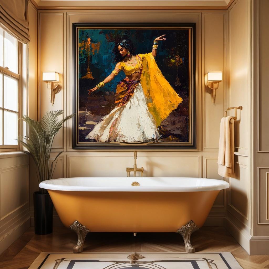 Dance of Golden Fire Vintage Oil Painting Digital Art Elegant Dancer Wall Decor Romantic Gift for Her Colorful Vintage Home Decor