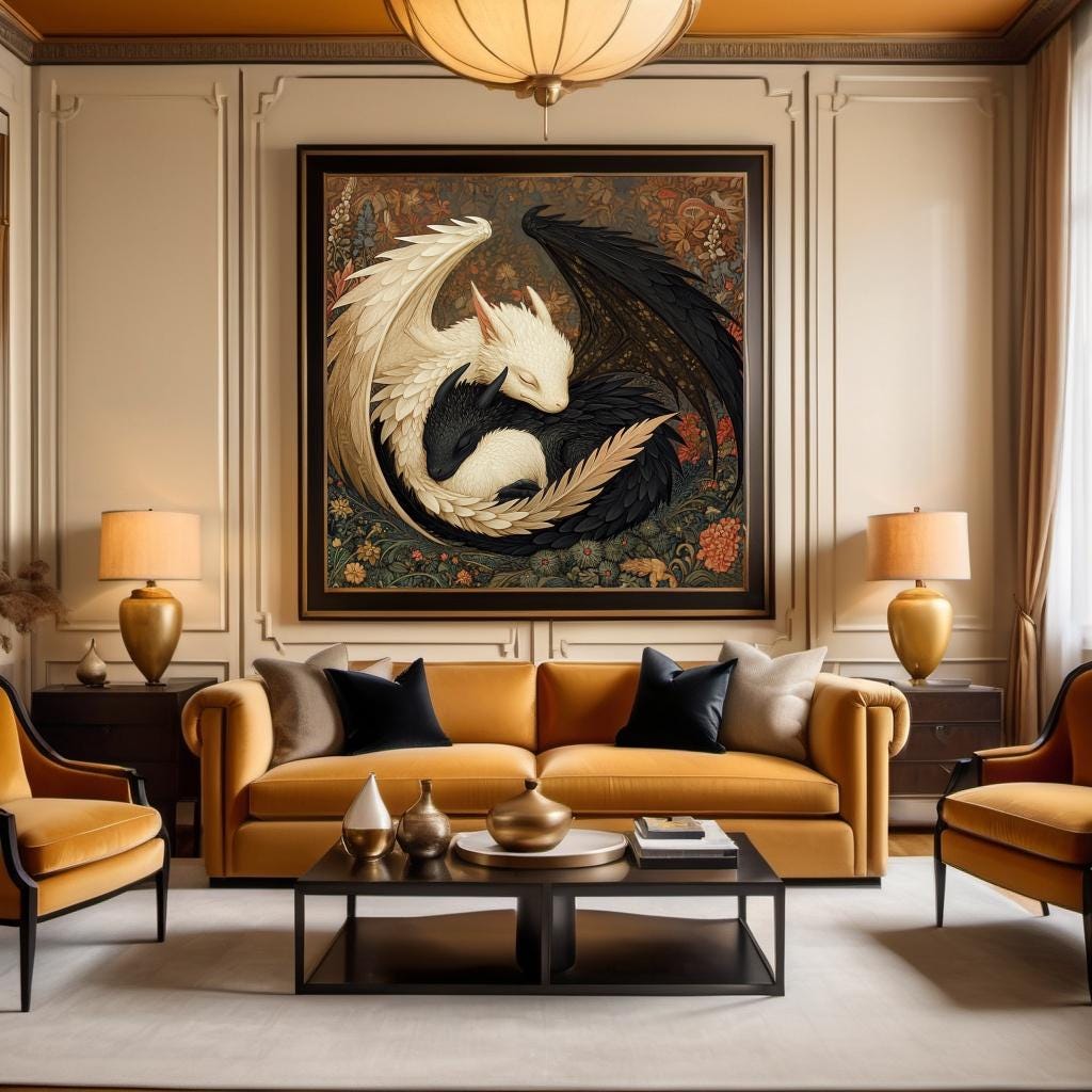 Harmony of Light and Shadow Digital Art Oil Painting Fantasy Dragon Wall Art Vintage Home Decor