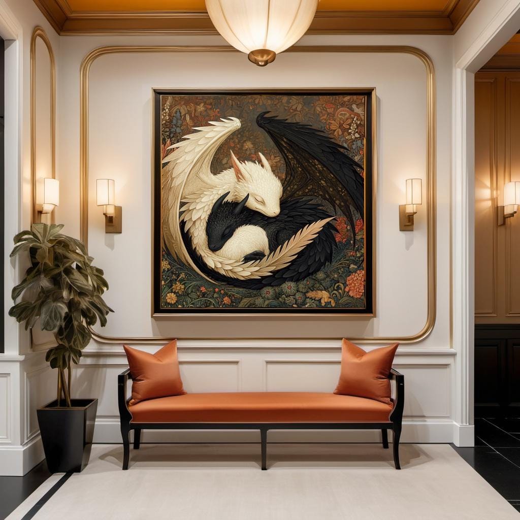 Harmony of Light and Shadow Digital Art Oil Painting Fantasy Dragon Wall Art Vintage Home Decor