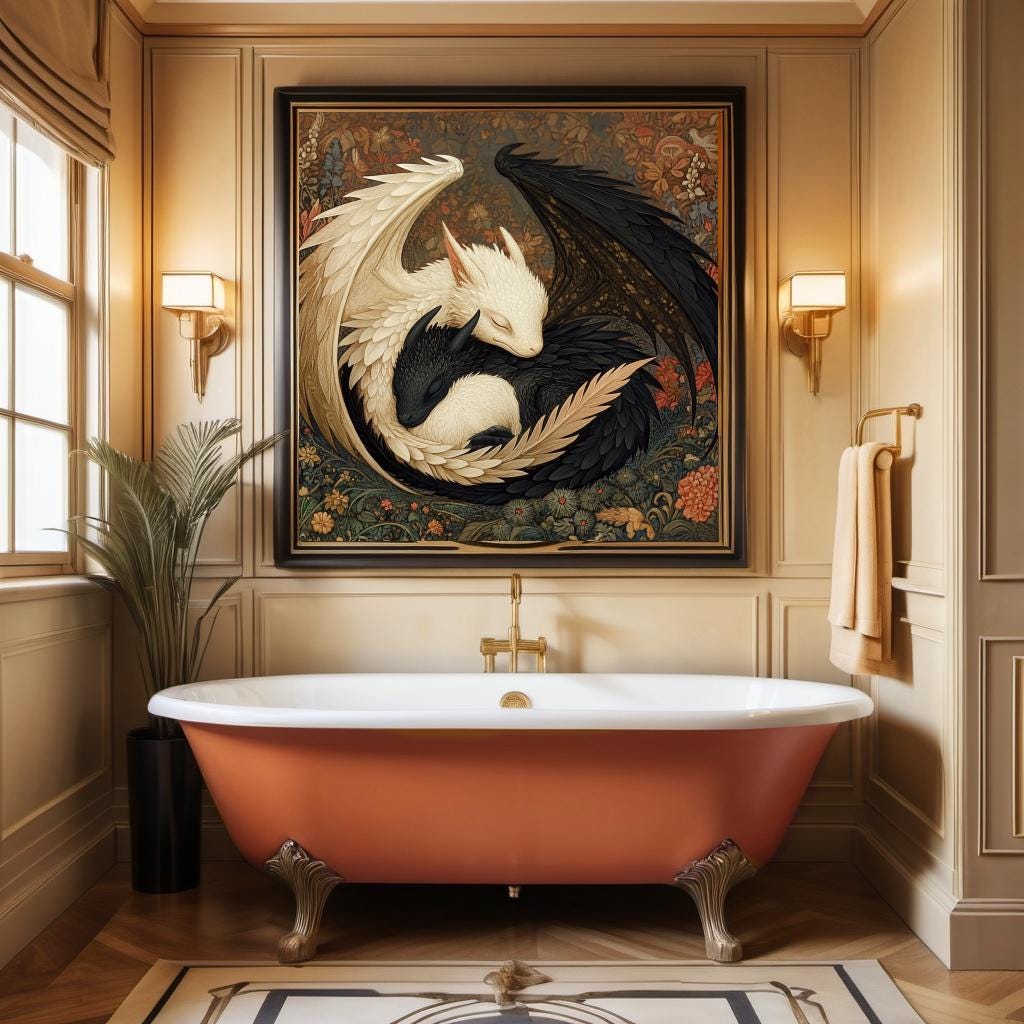 Harmony of Light and Shadow Digital Art Oil Painting Fantasy Dragon Wall Art Vintage Home Decor
