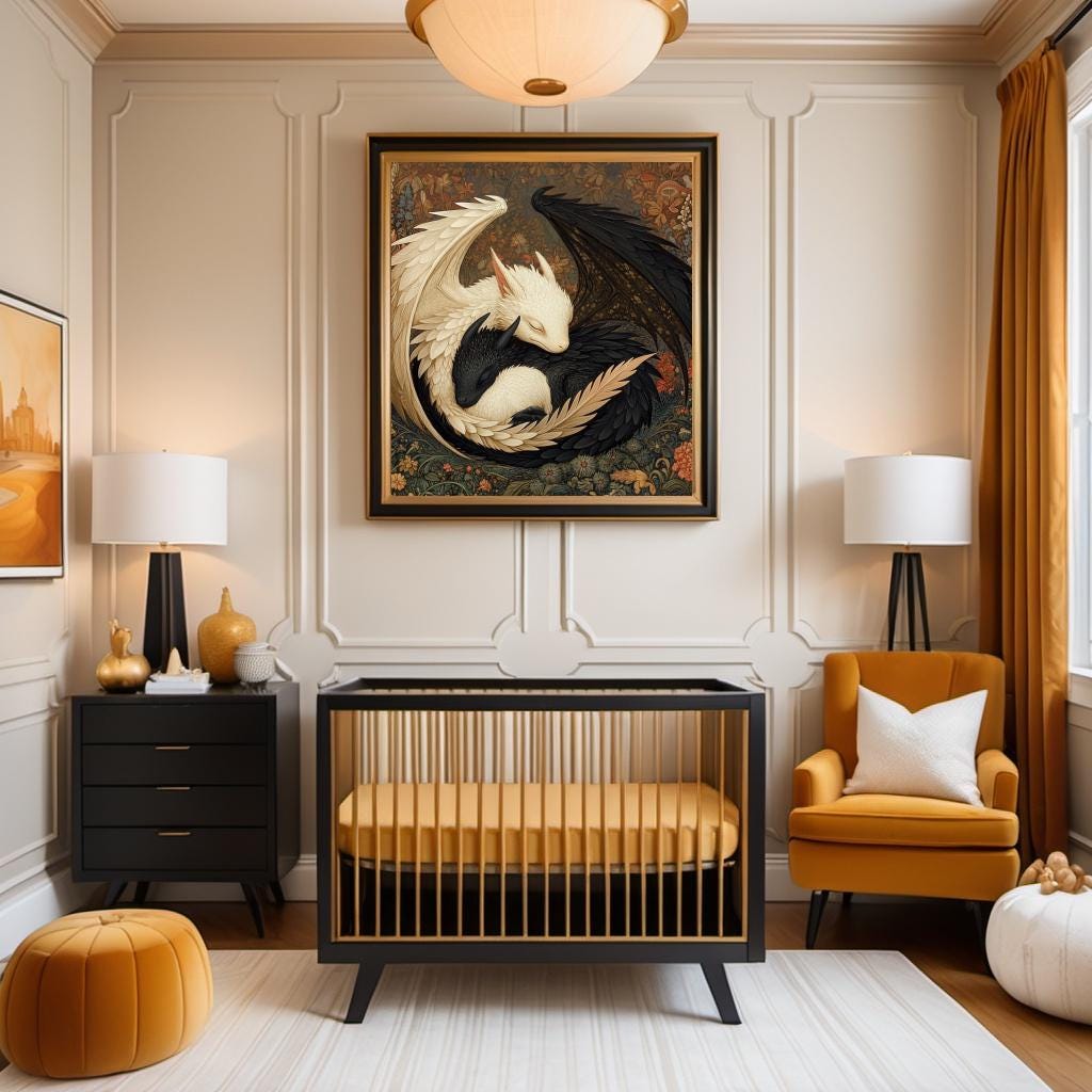Harmony of Light and Shadow Digital Art Oil Painting Fantasy Dragon Wall Art Vintage Home Decor