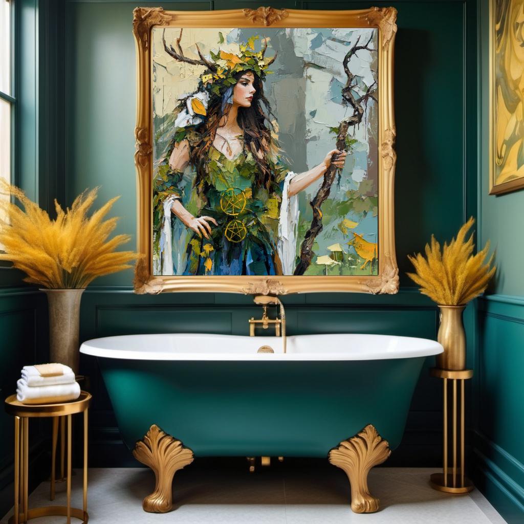Keeper of the Green Veil Digital Art Oil Painting Forest Witch Wall Art Woodland Goddess Mystical Decor
