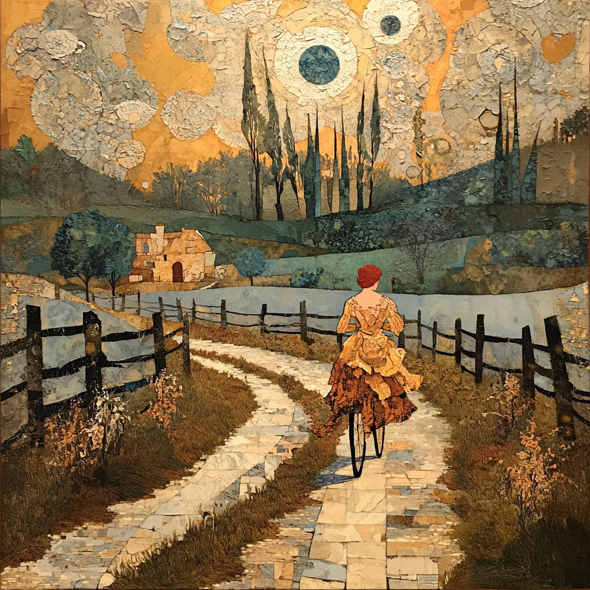 The Road Home Beneath Golden Skies Landscape Digital Art Oil Painting Vintage Home Decor Dreamscape Wall Art Romantic Countryside Art