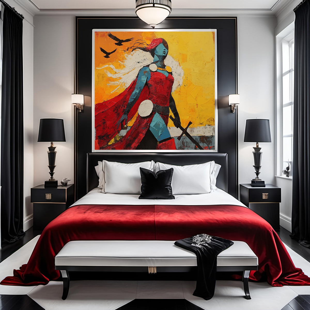 Crimson Sky Valkyrie Digital Art Oil Painting Fantasy Warrior Goddess Wall Art Bold Mythic Decor