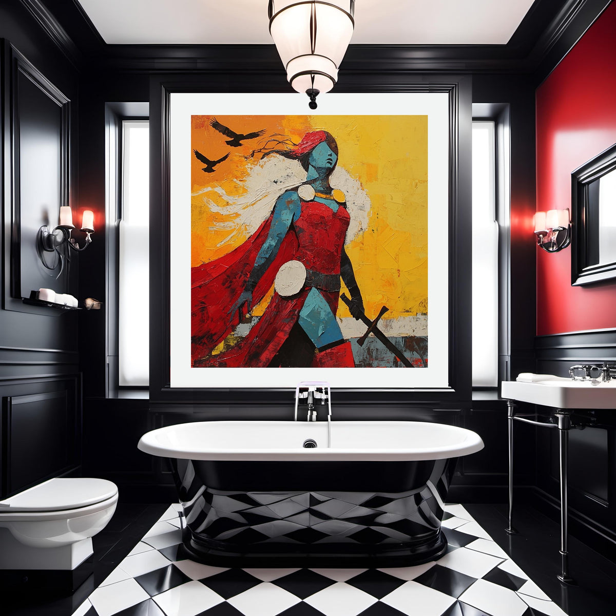 Crimson Sky Valkyrie Digital Art Oil Painting Fantasy Warrior Goddess Wall Art Bold Mythic Decor