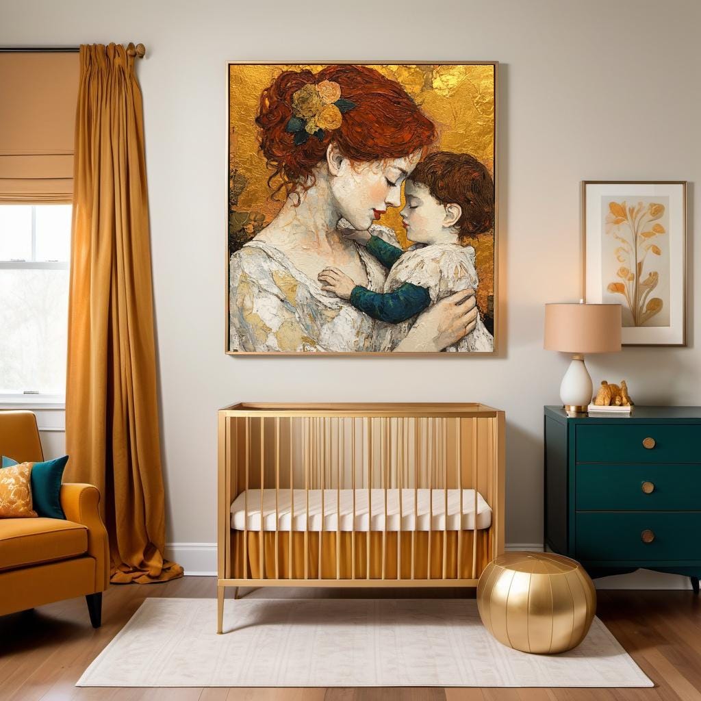 Mother and Child Oil Painting Print: Klimt Inspired Vintage Nursery Wall Art (Digital Download)