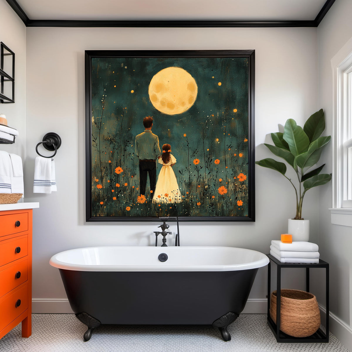 Father Daughter Moonlit Art Print: Whimsical Family Illustration (Digital Download)