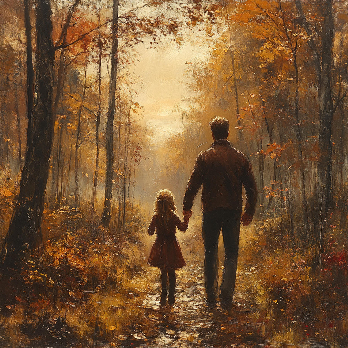 Father Daughter Autumn Walk Oil Painting: Vintage Fall Forest Family Wall Decor (Digital Download)
