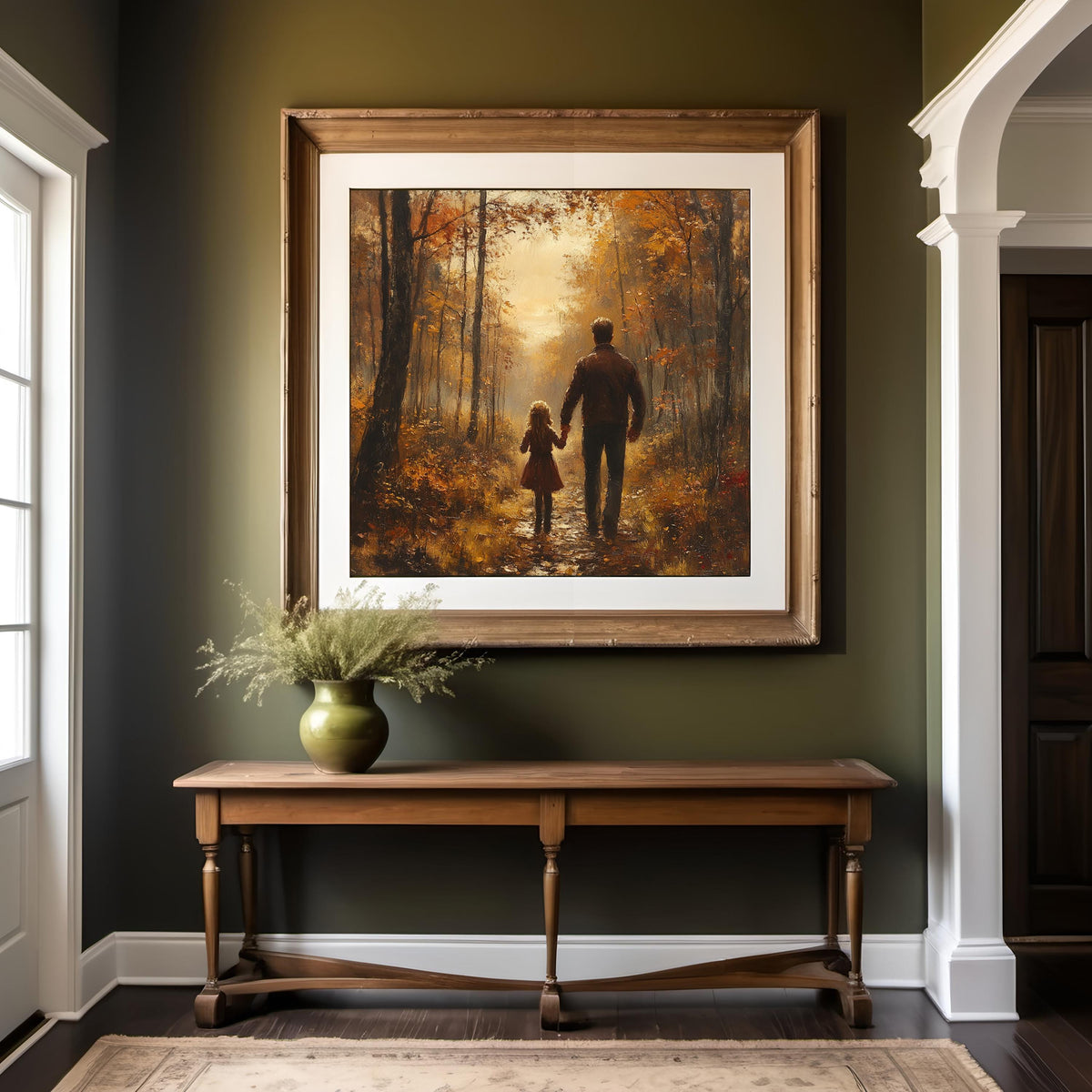 Father Daughter Autumn Walk Oil Painting: Vintage Fall Forest Family Wall Decor (Digital Download)
