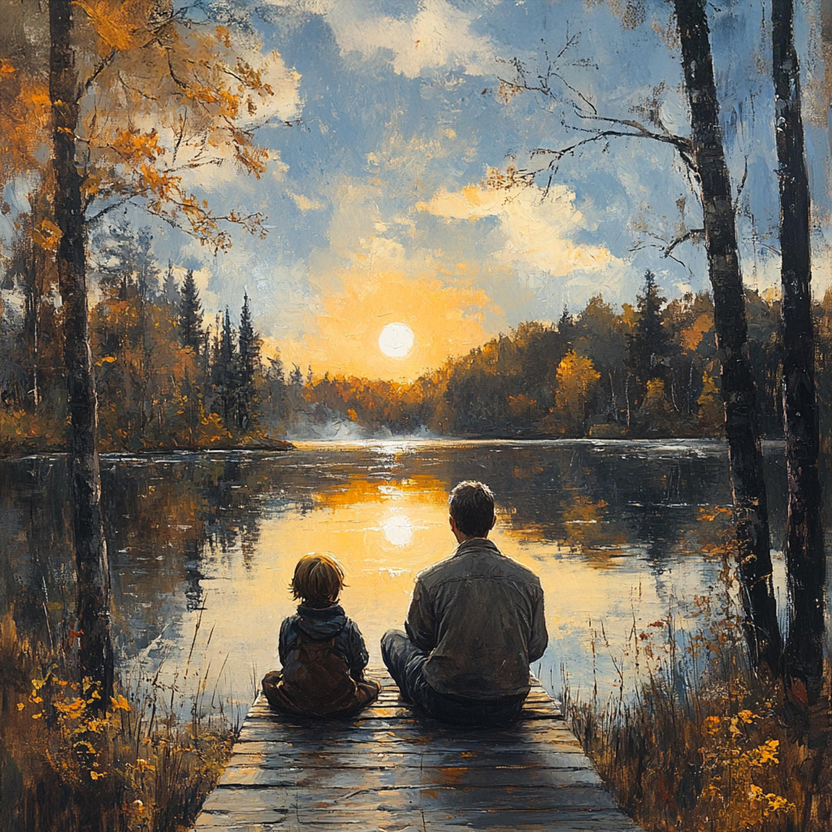 Father Son Lake Sunset Oil Painting: Peaceful Family Landscape Wall Art (Digital Download)