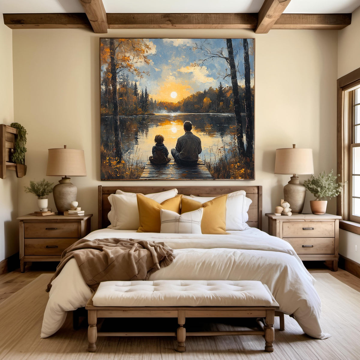 Father Son Lake Sunset Oil Painting: Peaceful Family Landscape Wall Art (Digital Download)
