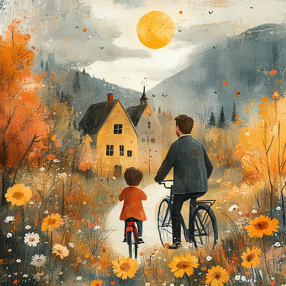 Father Son Bicycle Ride Art Print: Oil Painting Family Wall Decor (Digital Download)