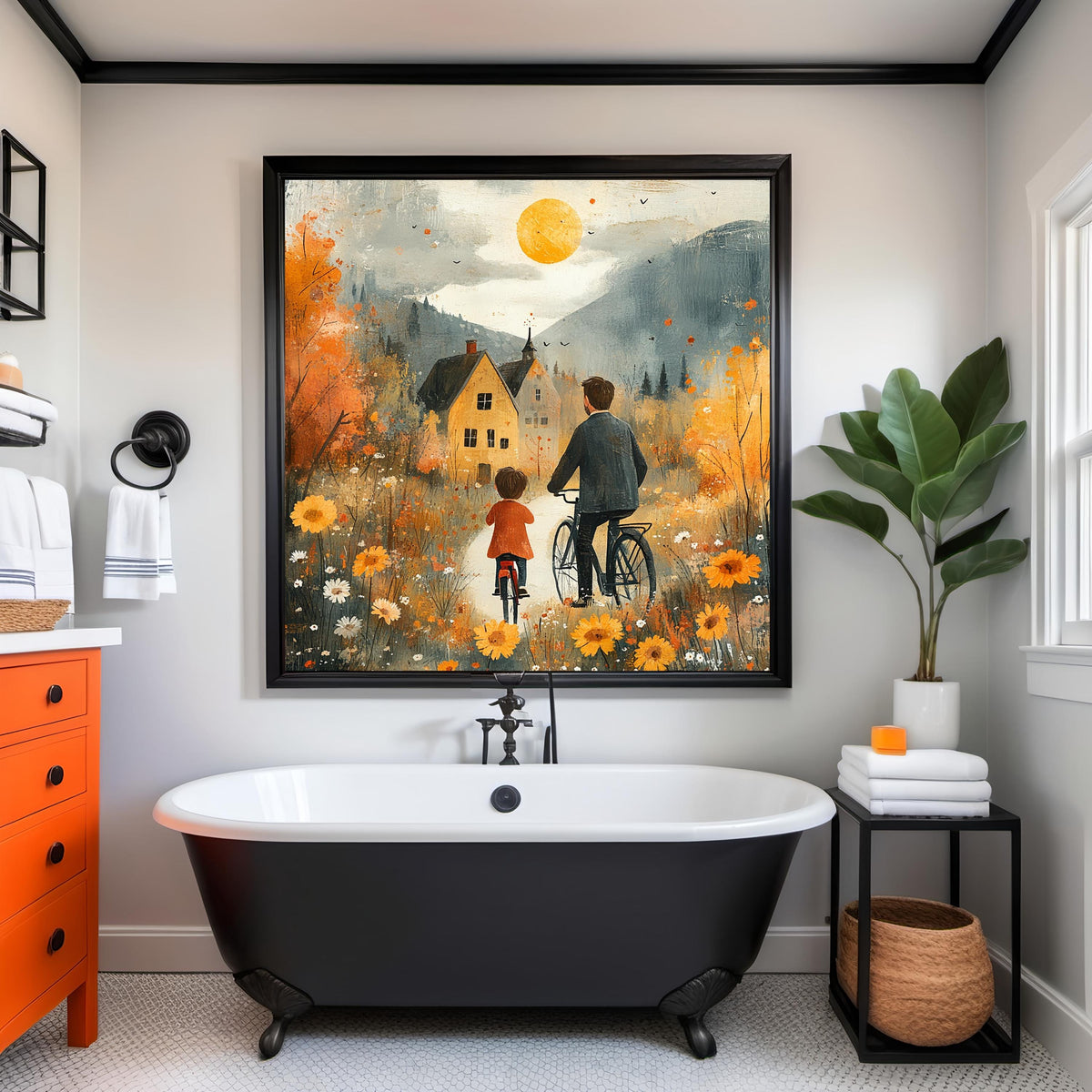 Father Son Bicycle Ride Art Print: Oil Painting Family Wall Decor (Digital Download)