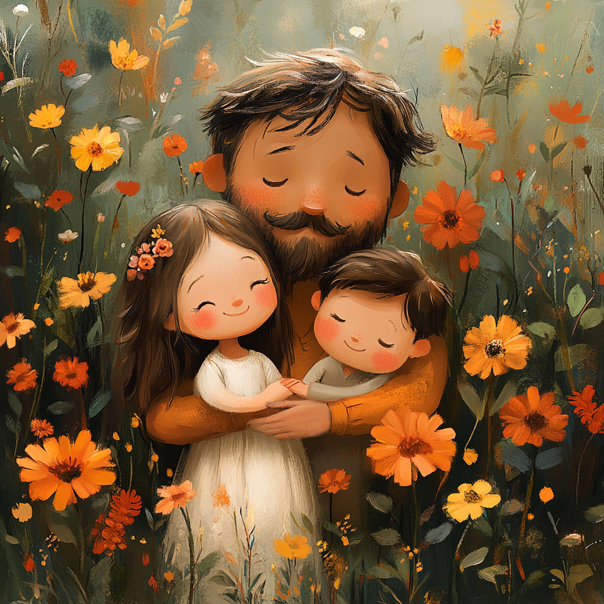 Father and Children Print: Whimsical Loving Dad Family Illustration (Digital Download)