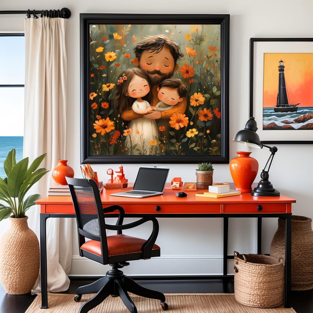 Father and Children Print: Whimsical Loving Dad Family Illustration (Digital Download)