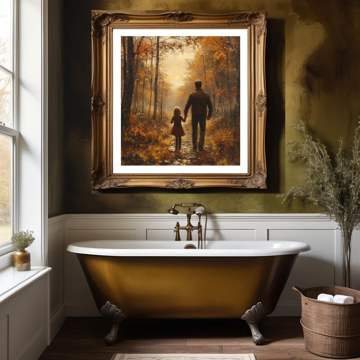 Father Daughter Autumn Walk Oil Painting: Vintage Fall Forest Family Wall Decor (Digital Download)