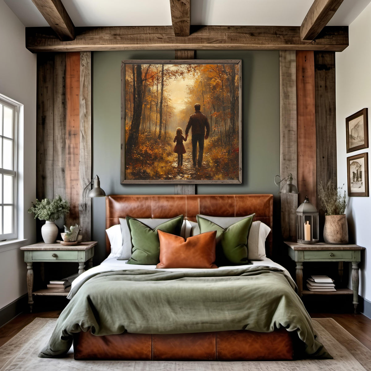 Father Daughter Autumn Walk Oil Painting: Vintage Fall Forest Family Wall Decor (Digital Download)