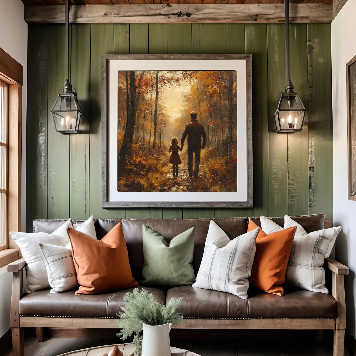 Father Daughter Autumn Walk Oil Painting: Vintage Fall Forest Family Wall Decor (Digital Download)