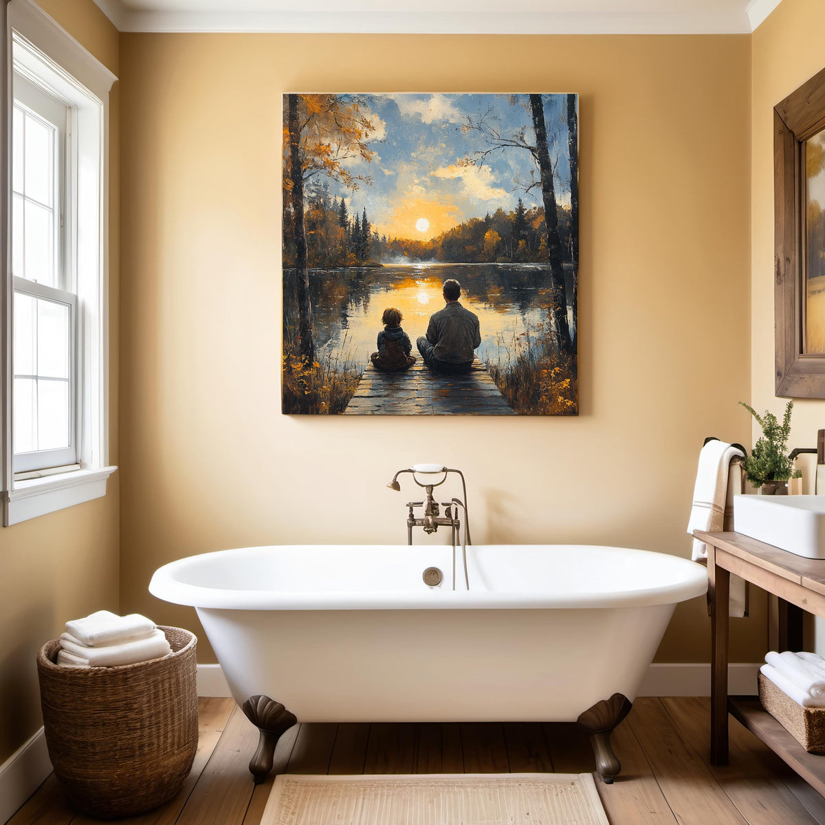 Father Son Lake Sunset Oil Painting: Peaceful Family Landscape Wall Art (Digital Download)
