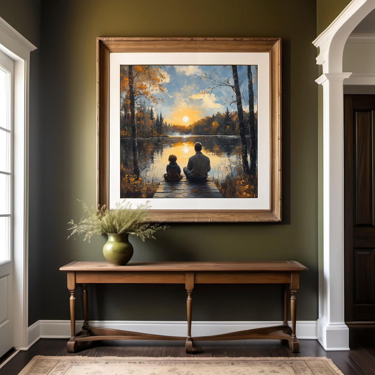 Father Son Lake Sunset Oil Painting: Peaceful Family Landscape Wall Art (Digital Download)