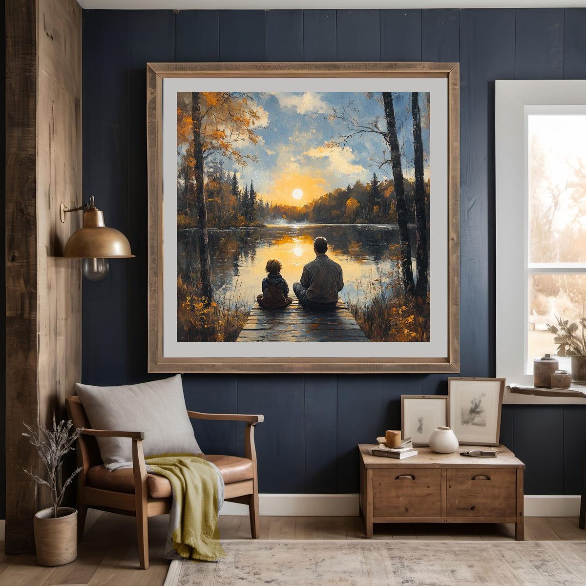 Father Son Lake Sunset Oil Painting: Peaceful Family Landscape Wall Art (Digital Download)