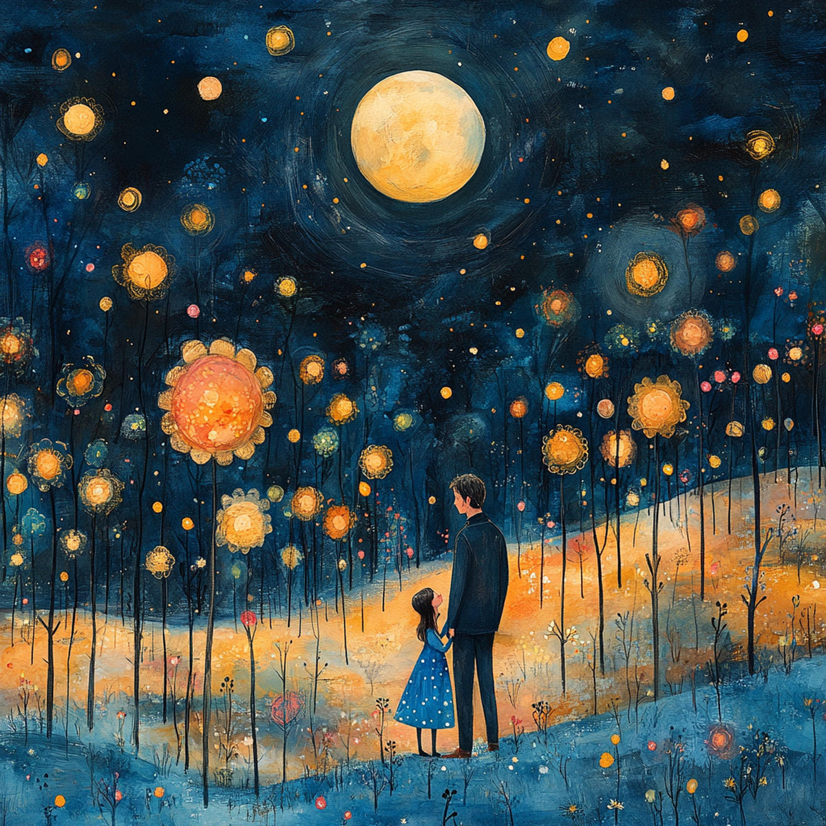 Father Daughter Moonlit Print: Dreamy Night Sky Family Illustration (Digital Download)