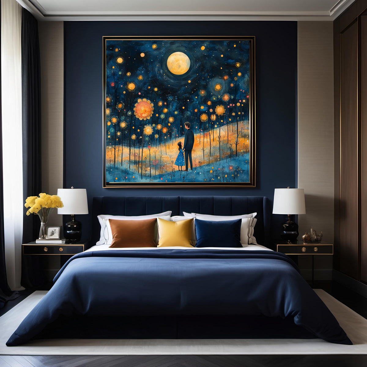 Father Daughter Moonlit Print: Dreamy Night Sky Family Illustration (Digital Download)
