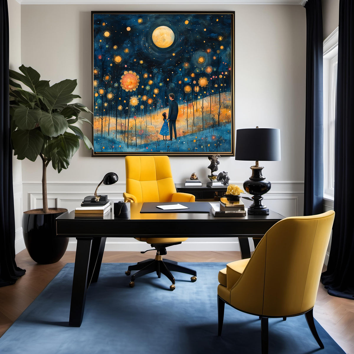 Father Daughter Moonlit Print: Dreamy Night Sky Family Illustration (Digital Download)