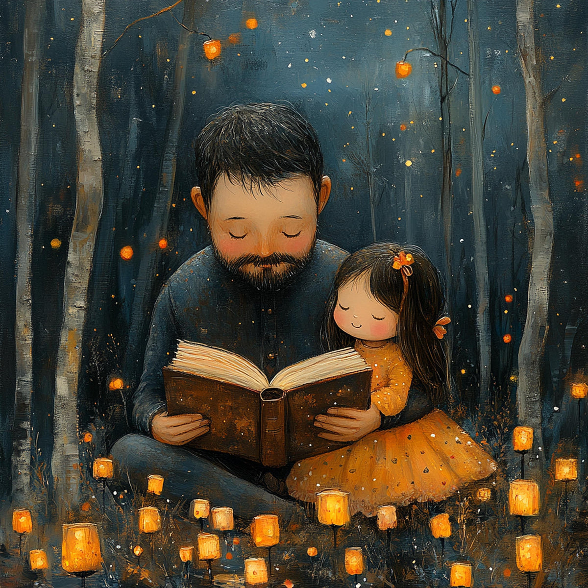 Father Daughter Storytime Print: Whimsical Reading Illustration, Nursery Decor (Digital Download)