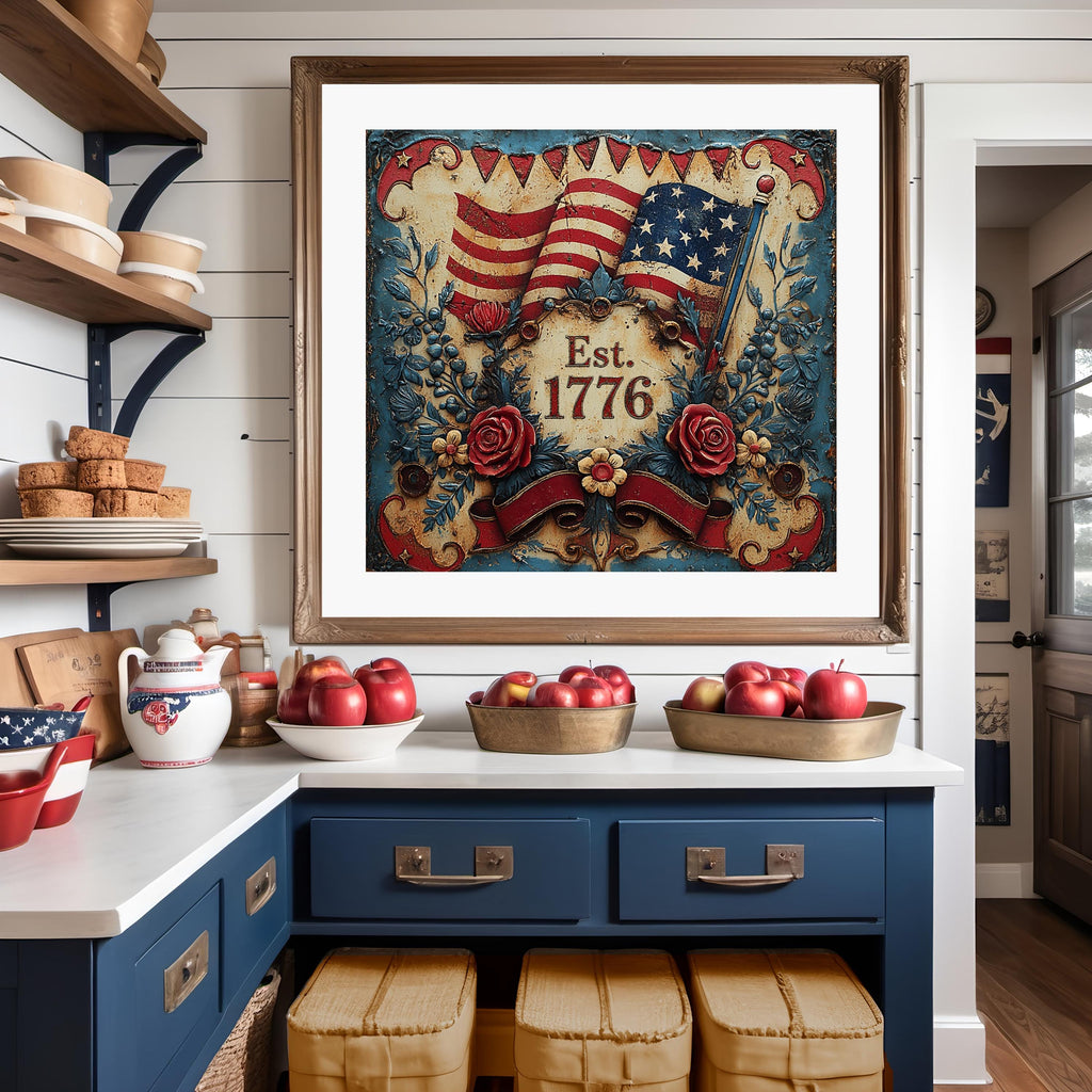 Est 1776 Patriotic Floral Flag Sign Vintage Americana Independence Wall Art (Digital Download)