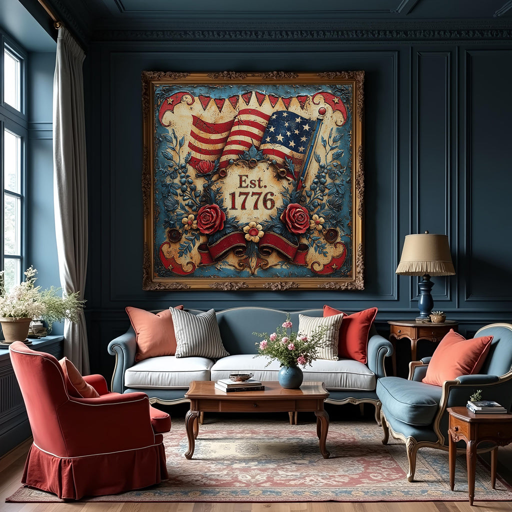 Est 1776 Patriotic Floral Flag Sign Vintage Americana Independence Wall Art (Digital Download)