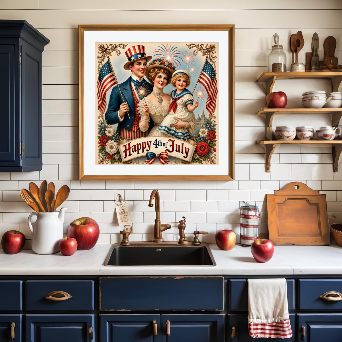 Happy 4th of July Victorian Patriotic Family American Flag Fireworks Vintage Art (Digital Download)