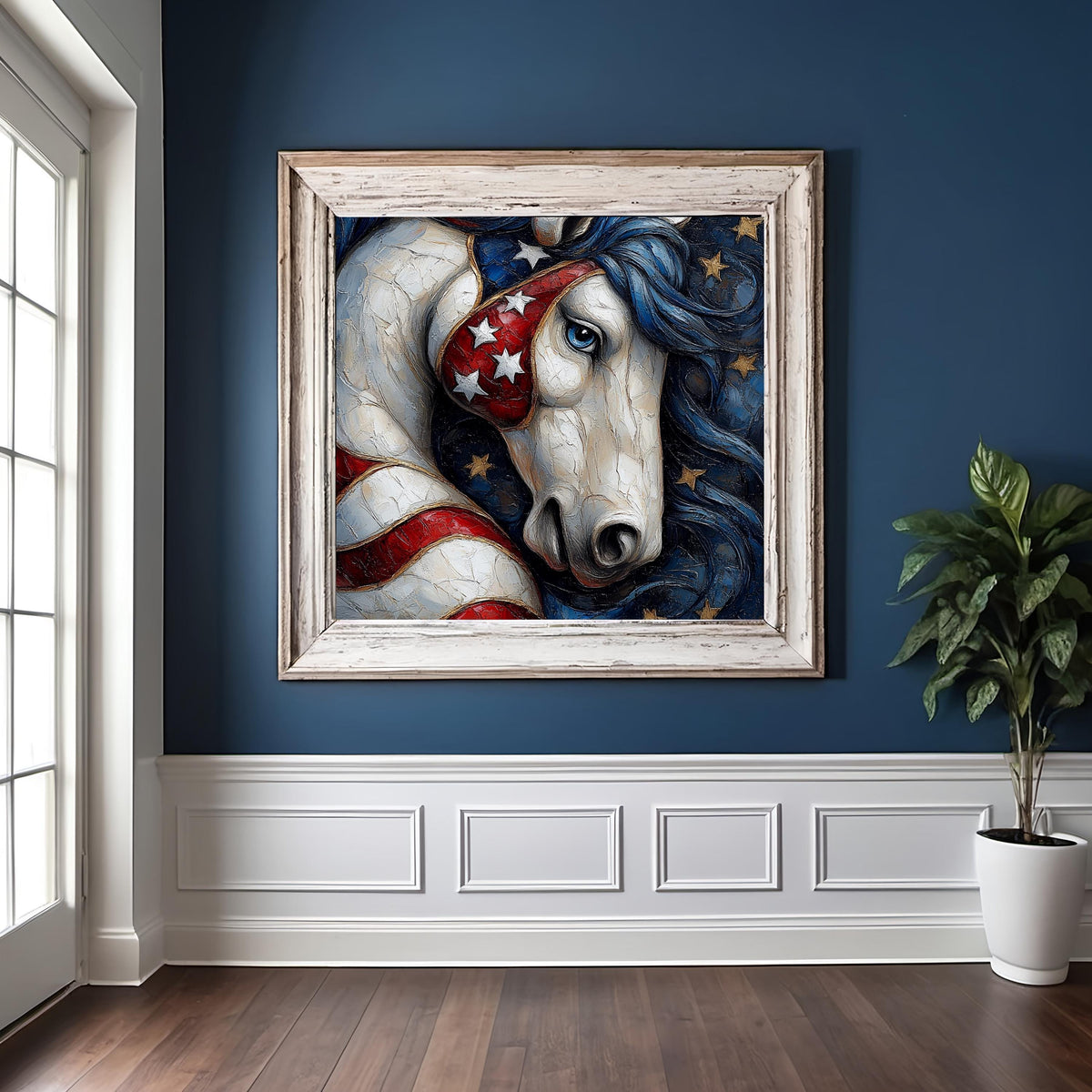 Patriotic Horse Wall Art, Americana Equine Painting, Red White Blue Digital Download