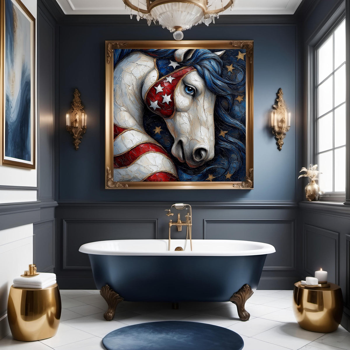 Patriotic Horse Wall Art, Americana Equine Painting, Red White Blue Digital Download