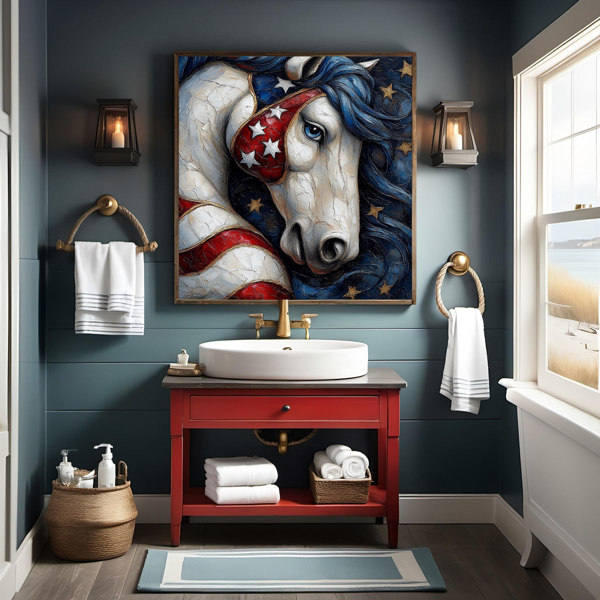 Patriotic Horse Wall Art, Americana Equine Painting, Red White Blue Digital Download