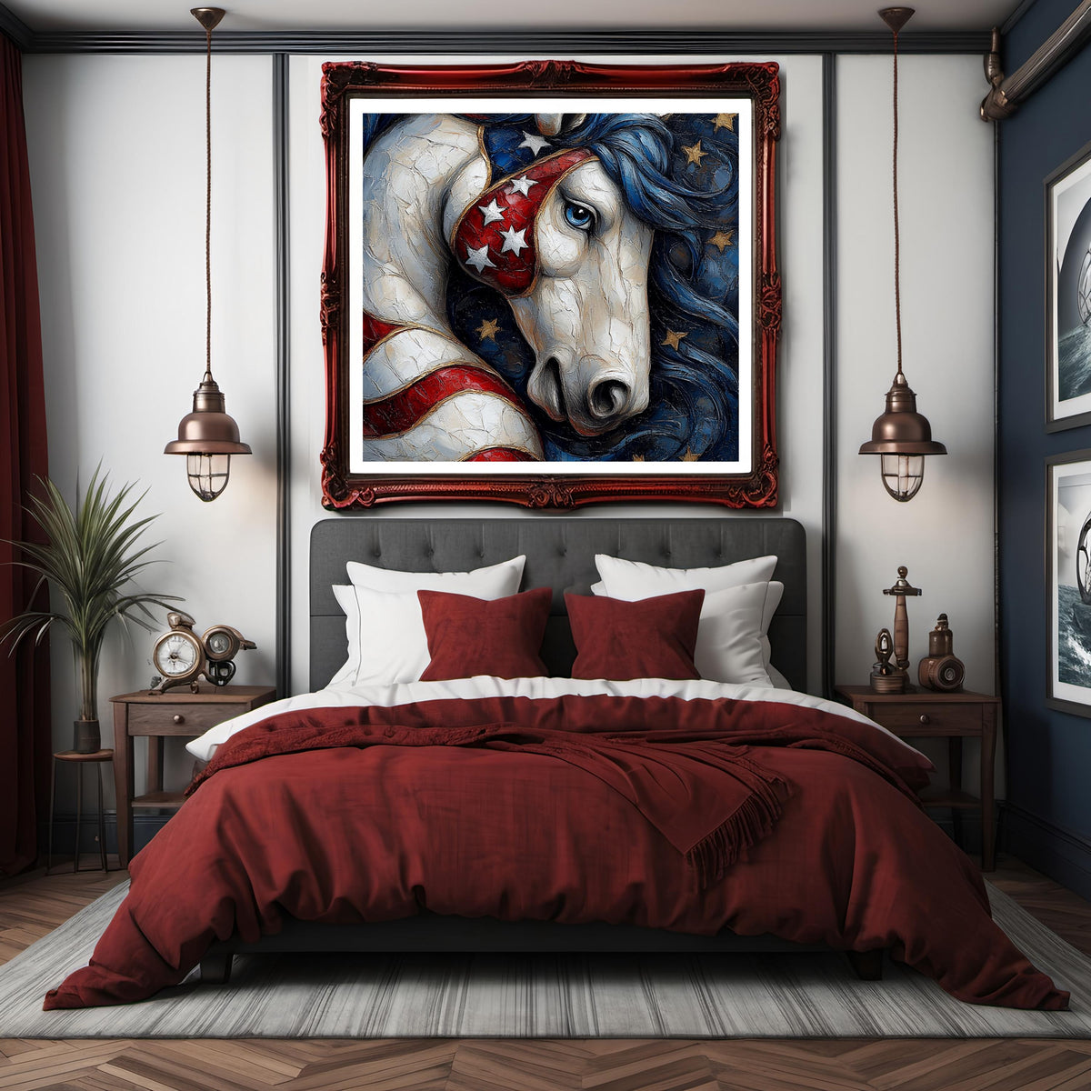 Patriotic Horse Wall Art, Americana Equine Painting, Red White Blue Digital Download