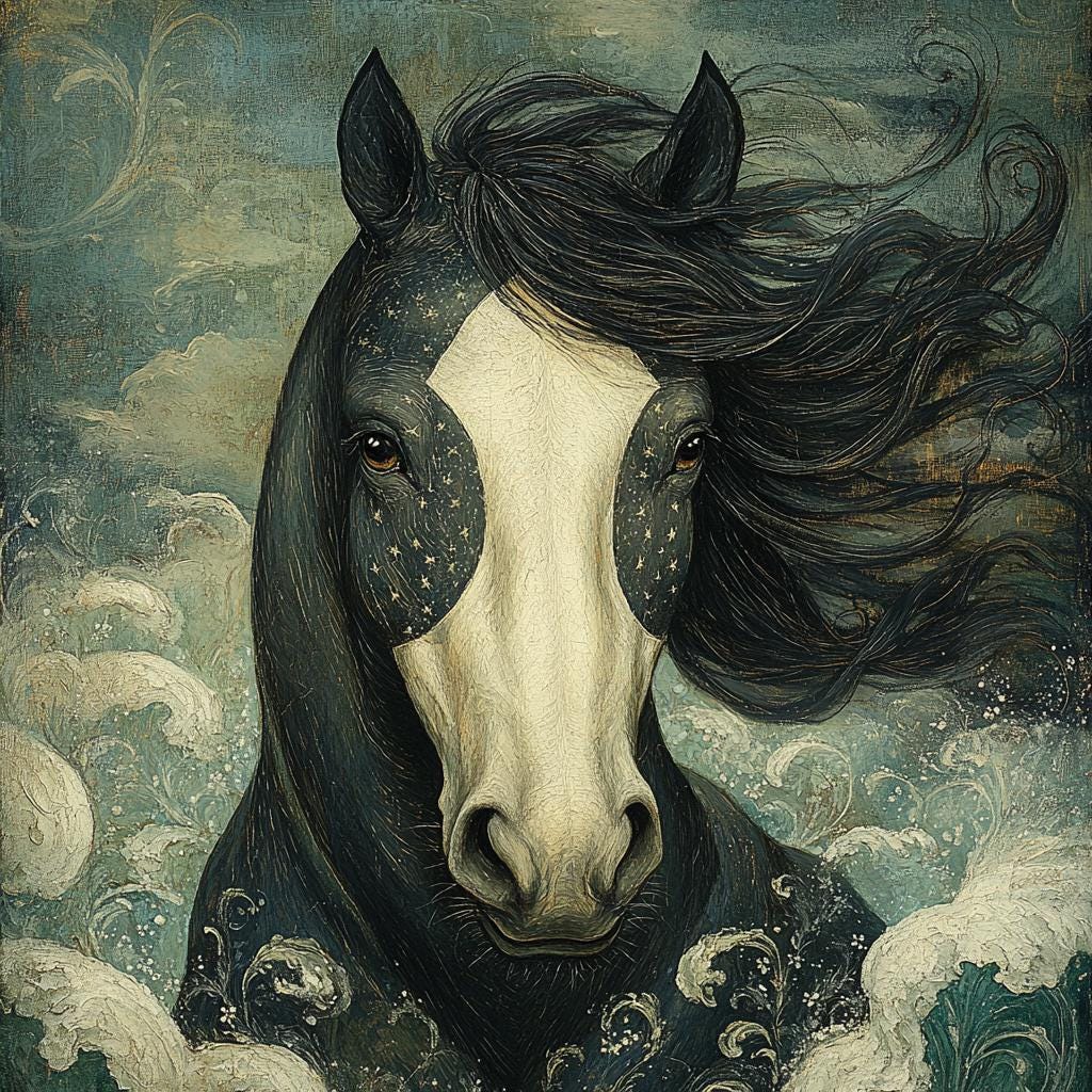 Midnight Tide Black Horse Wall Art Ocean Fantasy Equine Painting Coastal Dreamscape (Digital Download)