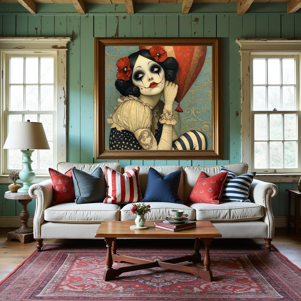 Patriotic Poppy Harlequin Americana Circus Portrait Art Nouveau Wall Art (Digital Download)