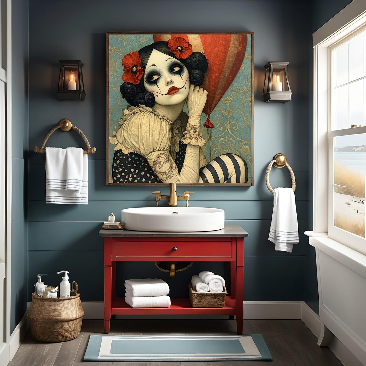 Patriotic Poppy Harlequin Americana Circus Portrait Art Nouveau Wall Art (Digital Download)