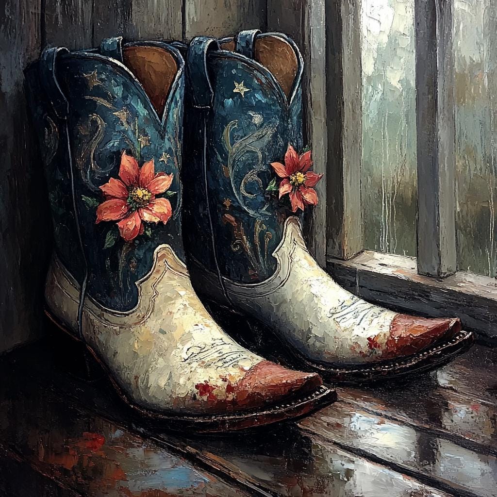 Patriotic Poinsettia Cowboy Boots Wall Art (Digital Download) – Rustic Americana Western Decor