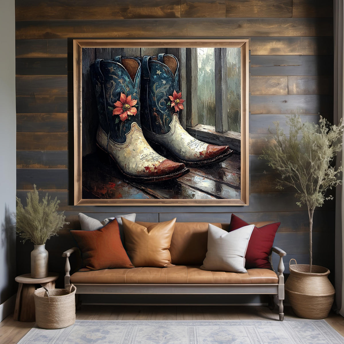 Patriotic Poinsettia Cowboy Boots Wall Art (Digital Download) – Rustic Americana Western Decor